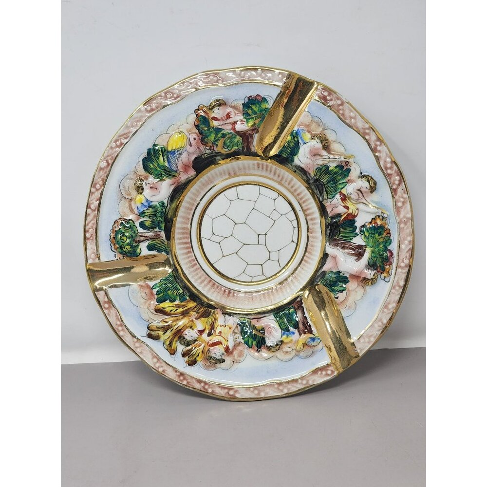 Hand-Painted Capodimonte Italian Porcelain Decorative Ashtray With Cherub Signed